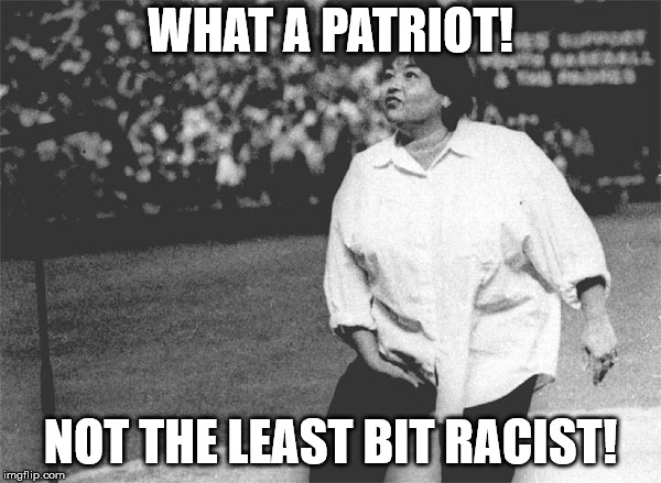 Roseanne Barr national anthem | WHAT A PATRIOT! NOT THE LEAST BIT RACIST! | image tagged in roseanne barr national anthem | made w/ Imgflip meme maker