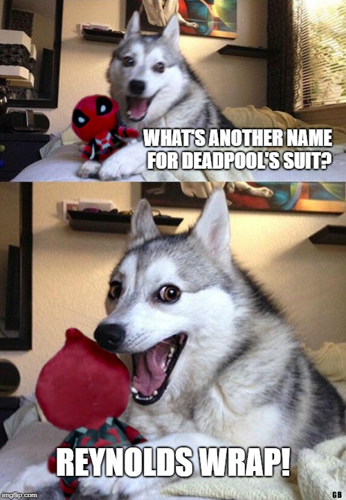 WHAT'S ANOTHER NAME FOR DEADPOOL'S SUIT? REYNOLDS WRAP! | image tagged in deadpool pun dog | made w/ Imgflip meme maker