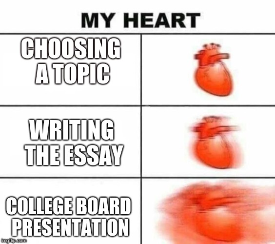 My heart blank | CHOOSING A TOPIC; WRITING THE ESSAY; COLLEGE BOARD PRESENTATION | image tagged in my heart blank | made w/ Imgflip meme maker