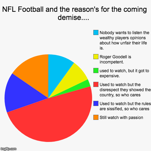 NFL Football and the reason's for the coming demise....  | Still watch with passion, Used to watch but the rules are sissified, so who cares | image tagged in funny,pie charts | made w/ Imgflip chart maker