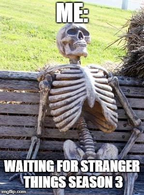 Waiting Skeleton Meme | ME:; WAITING FOR STRANGER THINGS SEASON 3 | image tagged in memes,waiting skeleton | made w/ Imgflip meme maker