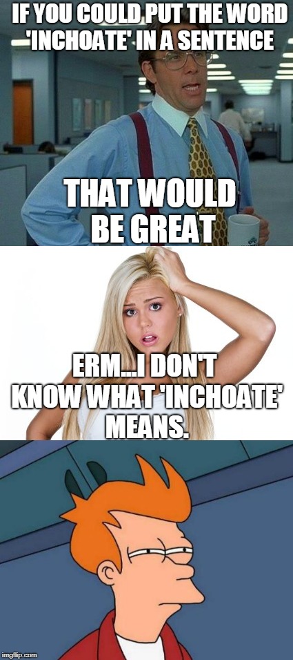 Crafty...Well, not really. | IF YOU COULD PUT THE WORD 'INCHOATE' IN A SENTENCE; THAT WOULD BE GREAT; ERM...I DON'T KNOW WHAT 'INCHOATE' MEANS. | image tagged in memes,funny,futurama fry,dumb blonde,that would be great | made w/ Imgflip meme maker