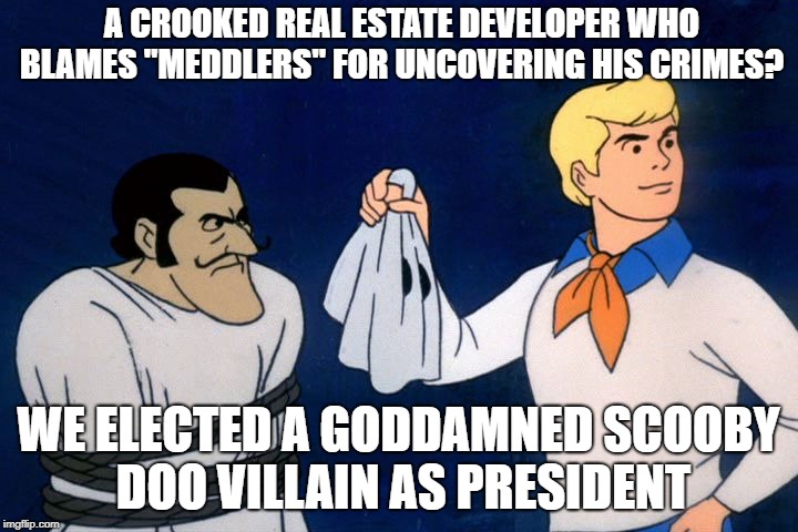 Scooby doo mask reveal  | A CROOKED REAL ESTATE DEVELOPER WHO BLAMES "MEDDLERS" FOR UNCOVERING HIS CRIMES? WE ELECTED A GODDAMNED SCOOBY DOO VILLAIN AS PRESIDENT | image tagged in scooby doo mask reveal | made w/ Imgflip meme maker