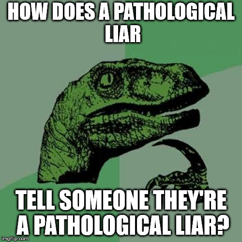 Should you believe them? | HOW DOES A PATHOLOGICAL LIAR; TELL SOMEONE THEY'RE A PATHOLOGICAL LIAR? | image tagged in memes,philosoraptor,liar,skylarfs | made w/ Imgflip meme maker