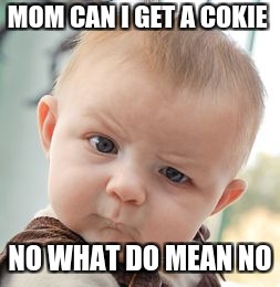 Skeptical Baby Meme | MOM CAN I GET A COKIE; NO WHAT DO MEAN NO | image tagged in memes,skeptical baby | made w/ Imgflip meme maker