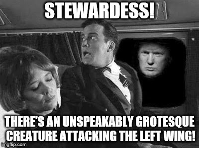 Trump attacks the left wing | STEWARDESS! THERE'S AN UNSPEAKABLY GROTESQUE CREATURE ATTACKING THE LEFT WING! | image tagged in donald trump,monster,creatures,left wing | made w/ Imgflip meme maker