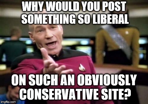 Picard Wtf Meme | WHY WOULD YOU POST SOMETHING SO LIBERAL; ON SUCH AN OBVIOUSLY CONSERVATIVE SITE? | image tagged in memes,picard wtf | made w/ Imgflip meme maker