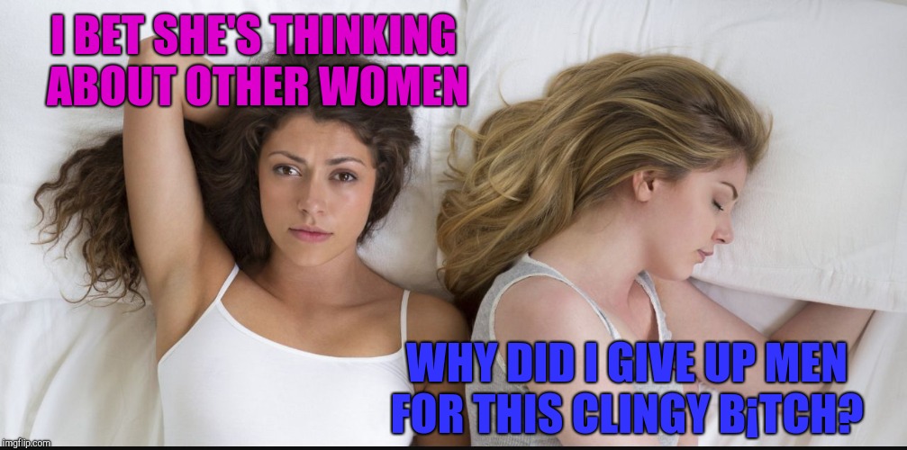 I bet she's thinking about other women... | I BET SHE'S THINKING ABOUT OTHER WOMEN; WHY DID I GIVE UP MEN FOR THIS CLINGY B¡TCH? | image tagged in i bet she's thinking about other women,jbmemegeek,lesbians,relationships,i bet he's thinking about other women | made w/ Imgflip meme maker