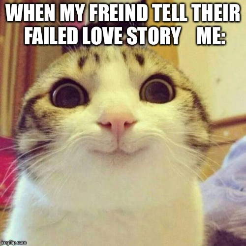 Smiling Cat | WHEN MY FREIND TELL THEIR FAILED LOVE STORY 


ME: | image tagged in memes,smiling cat | made w/ Imgflip meme maker