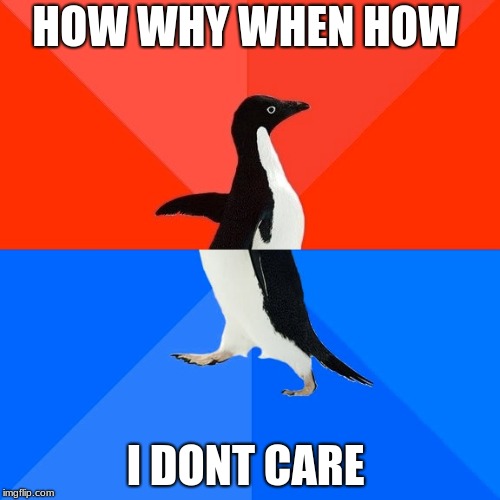 Socially Awesome Awkward Penguin | HOW WHY WHEN HOW; I DONT CARE | image tagged in memes,socially awesome awkward penguin | made w/ Imgflip meme maker