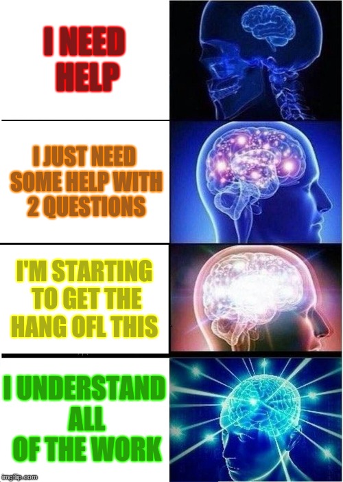 Expanding Brain Meme | I NEED HELP; I JUST NEED SOME HELP WITH 2 QUESTIONS; I'M STARTING TO GET THE HANG OFL THIS; I UNDERSTAND ALL OF THE WORK | image tagged in memes,expanding brain | made w/ Imgflip meme maker