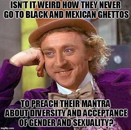 Creepy Condescending Wonka Meme | ISN'T IT WEIRD HOW THEY NEVER GO TO BLACK AND MEXICAN GHETTOS; TO PREACH THEIR MANTRA ABOUT DIVERSITY AND ACCEPTANCE OF GENDER AND SEXUALITY? | image tagged in memes,creepy condescending wonka | made w/ Imgflip meme maker