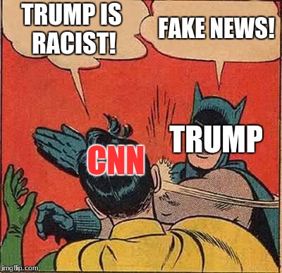 Batman Slapping Robin Meme | TRUMP IS RACIST! FAKE NEWS! TRUMP; CNN | image tagged in memes,batman slapping robin | made w/ Imgflip meme maker