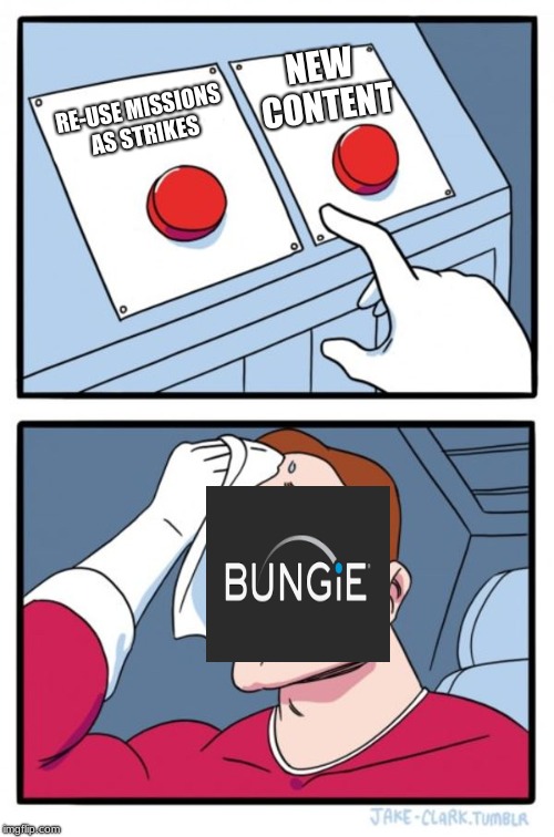 Two Buttons Meme | NEW CONTENT; RE-USE MISSIONS AS STRIKES | image tagged in memes,two buttons | made w/ Imgflip meme maker