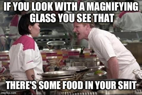 Angry Chef Gordon Ramsay Meme | IF YOU LOOK WITH A MAGNIFYING GLASS YOU SEE THAT; THERE'S SOME FOOD IN YOUR SHIT | image tagged in memes,angry chef gordon ramsay | made w/ Imgflip meme maker