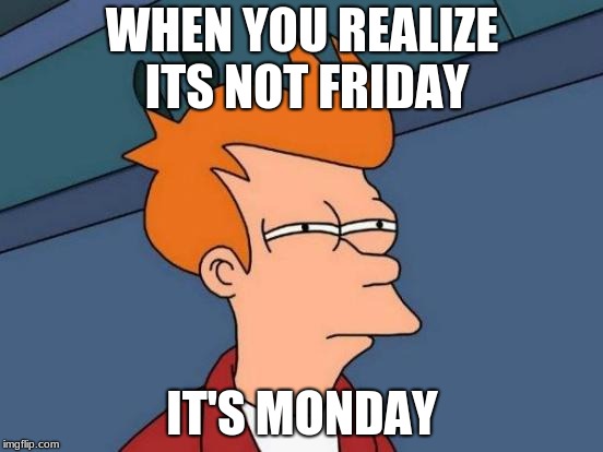 Futurama Fry Meme | WHEN YOU REALIZE ITS NOT FRIDAY; IT'S MONDAY | image tagged in memes,futurama fry | made w/ Imgflip meme maker