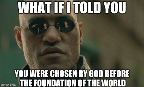 Matrix Morpheus | WHAT IF I TOLD YOU; YOU WERE CHOSEN BY GOD BEFORE THE FOUNDATION OF THE WORLD | image tagged in memes,matrix morpheus | made w/ Imgflip meme maker