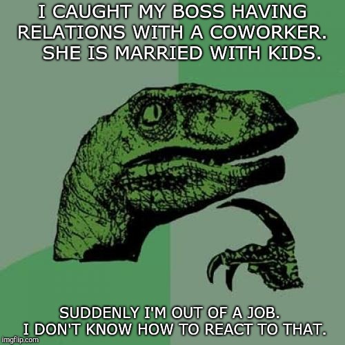 Philosoraptor Meme | I CAUGHT MY BOSS HAVING RELATIONS WITH A COWORKER.
   SHE IS MARRIED WITH KIDS. SUDDENLY I'M OUT OF A JOB.
 I DON'T KNOW HOW TO REACT TO THAT. | image tagged in memes,philosoraptor | made w/ Imgflip meme maker