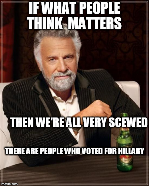 The Most Interesting Man In The World Meme | IF WHAT PEOPLE THINK  MATTERS THEN WE'RE ALL VERY SCEWED THERE ARE PEOPLE WHO VOTED FOR HILLARY | image tagged in memes,the most interesting man in the world | made w/ Imgflip meme maker