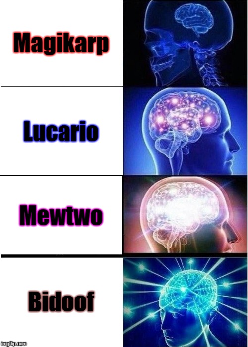Expanding Brain Meme | Magikarp; Lucario; Mewtwo; Bidoof | image tagged in memes,expanding brain | made w/ Imgflip meme maker