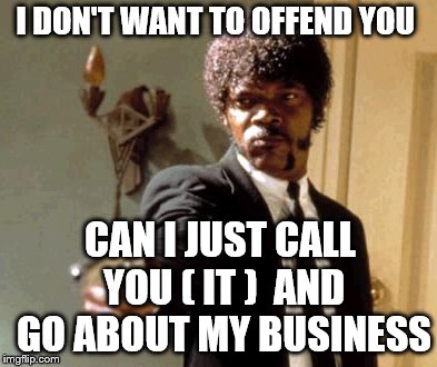 Say That Again I Dare You Meme | I DON'T WANT TO OFFEND YOU; CAN I JUST CALL YOU ( IT )  AND GO ABOUT MY BUSINESS | image tagged in memes,say that again i dare you | made w/ Imgflip meme maker