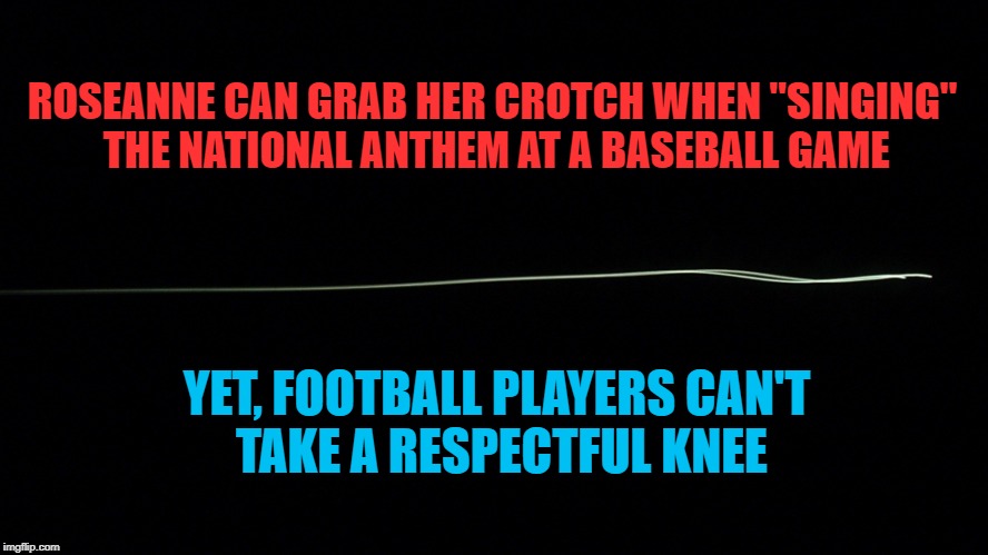 Different Rules for Different Races | ROSEANNE CAN GRAB HER CROTCH WHEN "SINGING" THE NATIONAL ANTHEM AT A BASEBALL GAME; YET, FOOTBALL PLAYERS CAN'T TAKE A RESPECTFUL KNEE | image tagged in trump,roseanne,take a knee,national anthem | made w/ Imgflip meme maker
