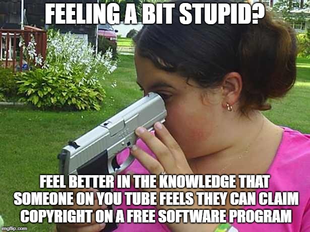 stupid | FEELING A BIT STUPID? FEEL BETTER IN THE KNOWLEDGE THAT SOMEONE ON YOU TUBE FEELS THEY CAN CLAIM COPYRIGHT ON A FREE SOFTWARE PROGRAM | image tagged in stupid | made w/ Imgflip meme maker