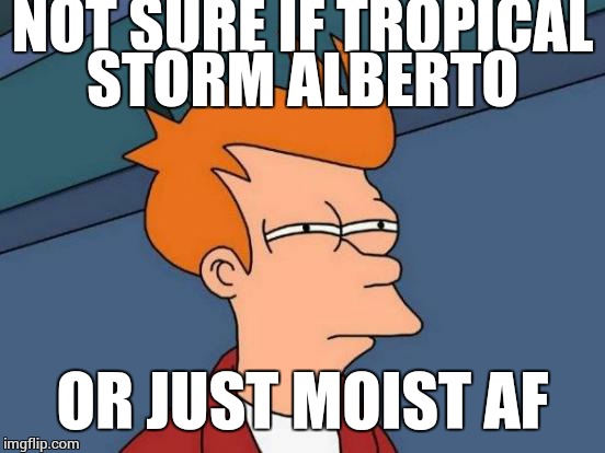 It's a Duncan Hines kinda night | NOT SURE IF TROPICAL STORM ALBERTO; OR JUST MOIST AF | image tagged in memes,futurama fry,moist,weather,tropical,storm | made w/ Imgflip meme maker