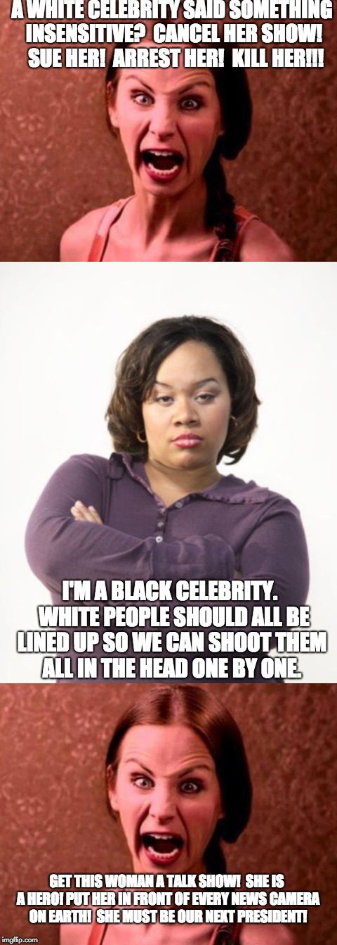 Double Standards of Libtard Rage | A WHITE CELEBRITY SAID SOMETHING INSENSITIVE?  CANCEL HER SHOW!  SUE HER!  ARREST HER!  KILL HER!!! I'M A BLACK CELEBRITY.  WHITE PEOPLE SHOULD ALL BE LINED UP SO WE CAN SHOOT THEM ALL IN THE HEAD ONE BY ONE. GET THIS WOMAN A TALK SHOW!  SHE IS A HERO! PUT HER IN FRONT OF EVERY NEWS CAMERA ON EARTH!  SHE MUST BE OUR NEXT PRESIDENT! | image tagged in libtards,liberal rage,liberal hypocrisy,black racism | made w/ Imgflip meme maker