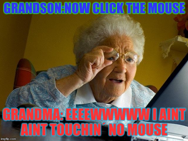 Grandma Finds The Internet | GRANDSON:NOW CLICK THE MOUSE; GRANDMA: EEEEWWWWW I AINT AINT TOUCHIN´ NO MOUSE | image tagged in memes,grandma finds the internet | made w/ Imgflip meme maker