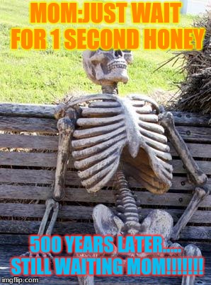 Waiting Skeleton Meme | MOM:JUST WAIT FOR 1 SECOND HONEY; 500 YEARS LATER..... STILL WAITING MOM!!!!!!! | image tagged in memes,waiting skeleton | made w/ Imgflip meme maker