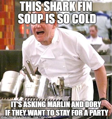 Chef Gordon Ramsay | THIS SHARK FIN SOUP IS SO COLD; IT'S ASKING MARLIN AND DORY IF THEY WANT TO STAY FOR A PARTY | image tagged in memes,chef gordon ramsay | made w/ Imgflip meme maker