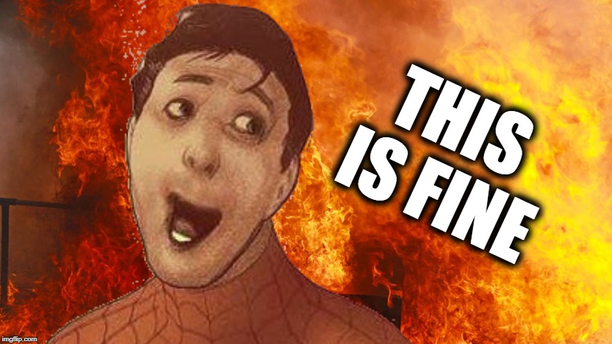 THIS IS FINE | THIS IS FINE | image tagged in spider-man,marvel,awful,spider sense not tingling derpy face | made w/ Imgflip meme maker