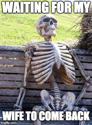 Waiting Skeleton | WAITING FOR MY; WIFE TO COME BACK | image tagged in memes,waiting skeleton | made w/ Imgflip meme maker