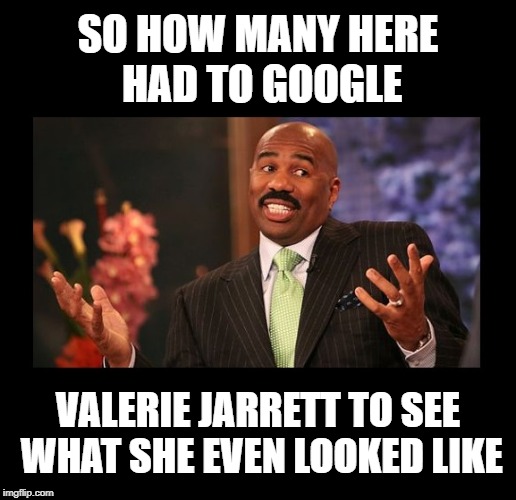 Who?!?   Uh, thanks Roseanne! | SO HOW MANY HERE HAD TO GOOGLE; VALERIE JARRETT TO SEE WHAT SHE EVEN LOOKED LIKE | image tagged in funny memes,steve harvey,roseanne,politics,politically correct,starbucks | made w/ Imgflip meme maker