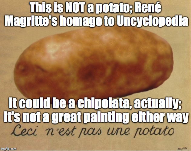 La Trahison des Images | This is NOT a potato; René Magritte's homage to Uncyclopedia; It could be a chipolata, actually; it's not a great painting either way | image tagged in potato,memes | made w/ Imgflip meme maker