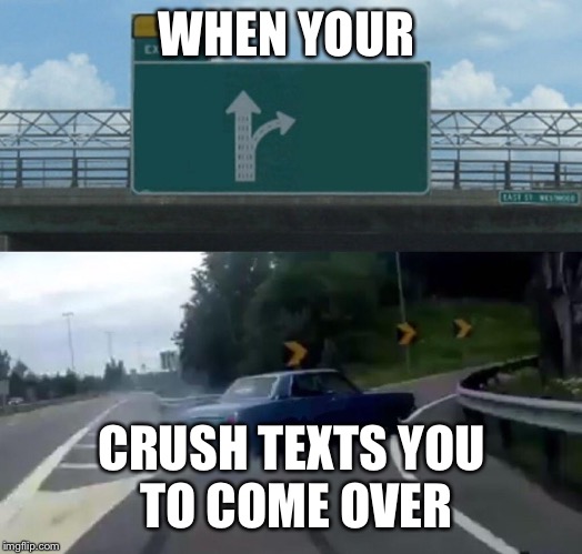Left Exit 12 Off Ramp Meme | WHEN YOUR; CRUSH TEXTS YOU TO COME OVER | image tagged in memes,left exit 12 off ramp | made w/ Imgflip meme maker