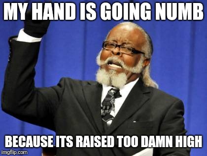 Too Damn High | MY HAND IS GOING NUMB; BECAUSE ITS RAISED TOO DAMN HIGH | image tagged in memes,too damn high | made w/ Imgflip meme maker