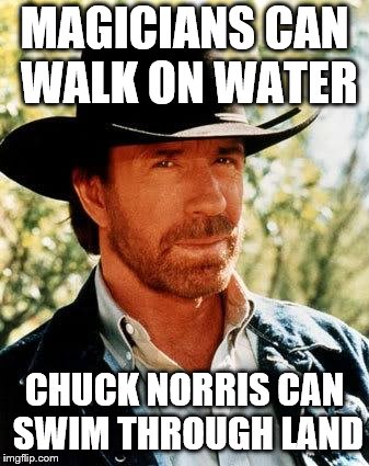 :| | MAGICIANS CAN WALK ON WATER; CHUCK NORRIS CAN SWIM THROUGH LAND | image tagged in memes,chuck norris | made w/ Imgflip meme maker