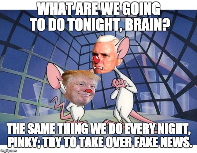 WHAT ARE WE GOING TO DO TONIGHT, BRAIN? THE SAME THING WE DO EVERY NIGHT, PINKY; TRY TO TAKE OVER FAKE NEWS. | image tagged in make america great again | made w/ Imgflip meme maker