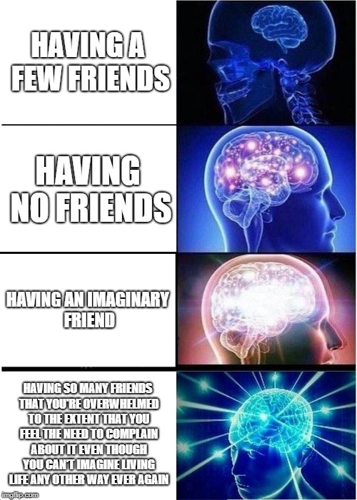 Expanding Brain | HAVING A FEW FRIENDS; HAVING NO FRIENDS; HAVING AN IMAGINARY FRIEND; HAVING SO MANY FRIENDS THAT YOU'RE OVERWHELMED TO THE EXTENT THAT YOU FEEL THE NEED TO COMPLAIN ABOUT IT EVEN THOUGH YOU CAN'T IMAGINE LIVING LIFE ANY OTHER WAY EVER AGAIN | image tagged in memes,expanding brain | made w/ Imgflip meme maker