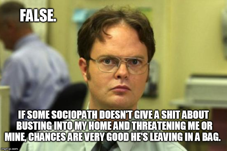 FALSE. IF SOME SOCIOPATH DOESN'T GIVE A SHIT ABOUT BUSTING INTO MY HOME AND THREATENING ME OR MINE, CHANCES ARE VERY GOOD HE'S LEAVING IN A  | made w/ Imgflip meme maker