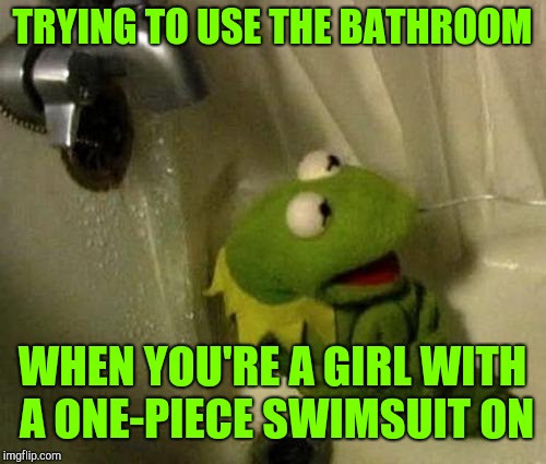 Awkward moment Kermit | TRYING TO USE THE BATHROOM; WHEN YOU'RE A GIRL WITH A ONE-PIECE SWIMSUIT ON | image tagged in kermit on shower,kermit the frog | made w/ Imgflip meme maker