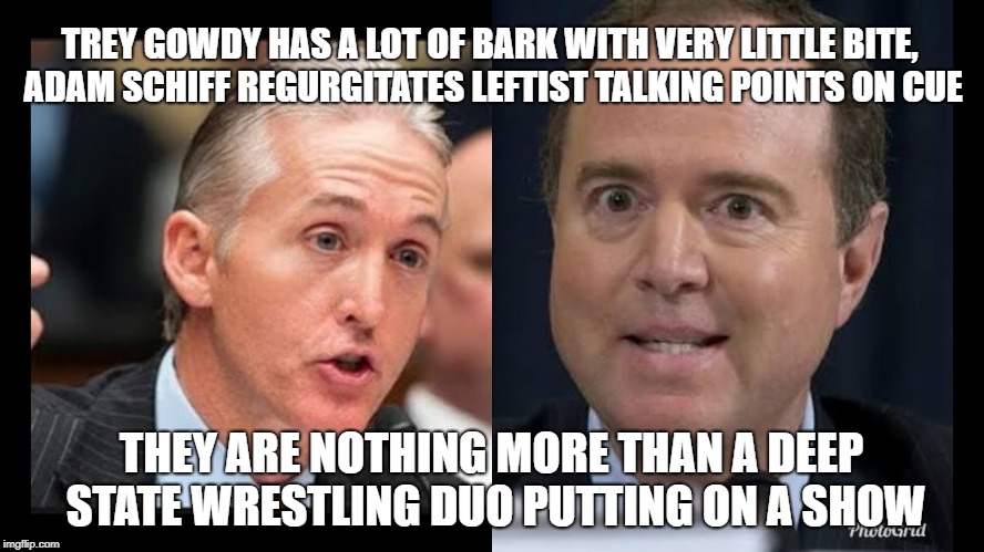 TREY GOWDY HAS A LOT OF BARK WITH VERY LITTLE BITE, ADAM SCHIFF REGURGITATES LEFTIST TALKING POINTS ON CUE; THEY ARE NOTHING MORE THAN A DEEP STATE WRESTLING DUO PUTTING ON A SHOW | made w/ Imgflip meme maker