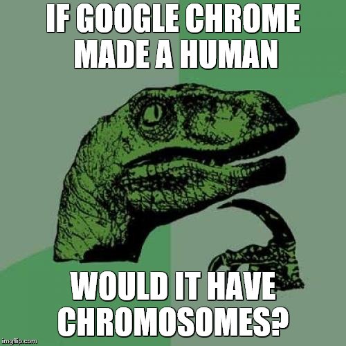 Philosoraptor Meme | IF GOOGLE CHROME MADE A HUMAN; WOULD IT HAVE CHROMOSOMES? | image tagged in memes,philosoraptor | made w/ Imgflip meme maker