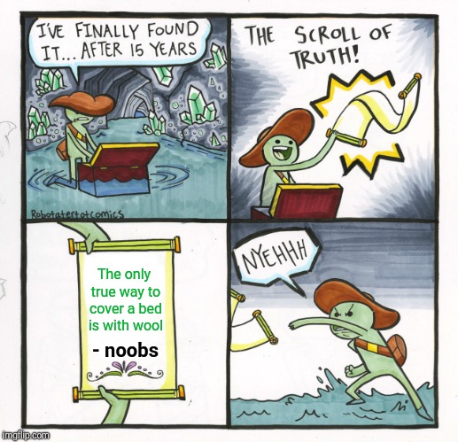 The Scroll Of Truth Meme | The only true way to cover a bed is with wool; - noobs | image tagged in memes,the scroll of truth | made w/ Imgflip meme maker