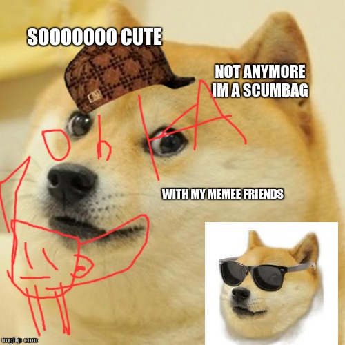 Doge Meme | SOOOOOOO CUTE; NOT ANYMORE IM A SCUMBAG; WITH MY MEMEE FRIENDS | image tagged in memes,doge,scumbag | made w/ Imgflip meme maker