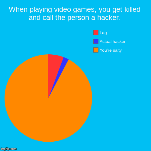 When playing video games, you get killed and call the person a hacker. | You're salty, Actual hacker, Lag | image tagged in funny,pie charts | made w/ Imgflip chart maker