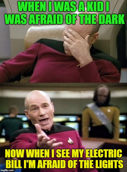 Oh how things change... | WHEN I WAS A KID I WAS AFRAID OF THE DARK; NOW WHEN I SEE MY ELECTRIC BILL I'M AFRAID OF THE LIGHTS | image tagged in picard wtf,captain picard facepalm,memes,funny,electricity | made w/ Imgflip meme maker