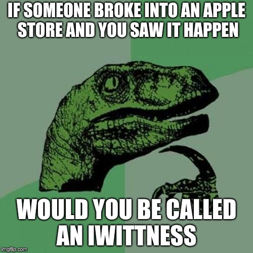 Philosoraptor Meme | IF SOMEONE BROKE INTO AN APPLE STORE AND YOU SAW IT HAPPEN; WOULD YOU BE CALLED AN IWITNESS | image tagged in memes,philosoraptor | made w/ Imgflip meme maker